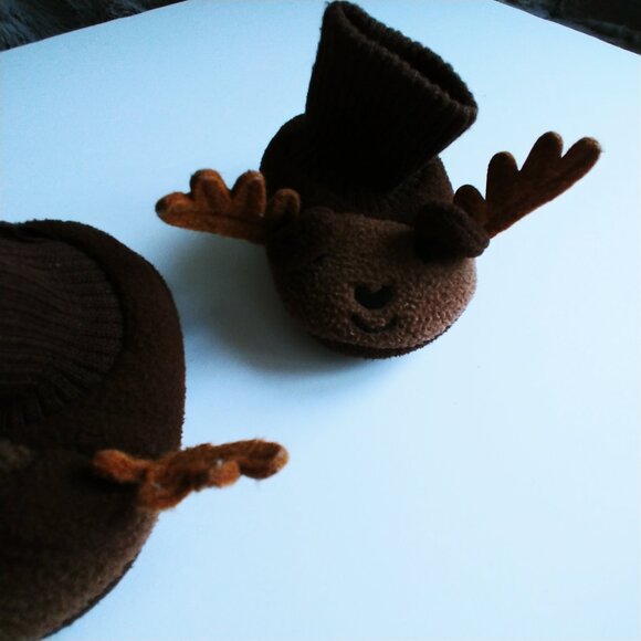 Joe Fresh Brown Fleece Moose 3D Ears and Antlers  Baby Booties 0-6 Months - Picture 3 of 10